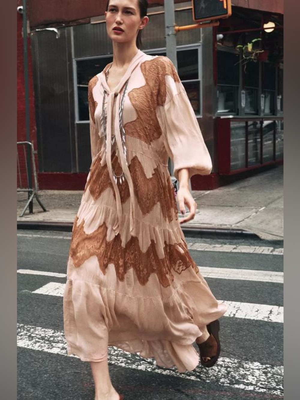 Zara Maxi Dress Lace Details Crinkle Long Rouched Sleeves High Tie Bow Collar